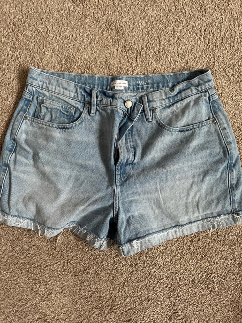 Good American Light Blue Denim Frayed Hem Shorts